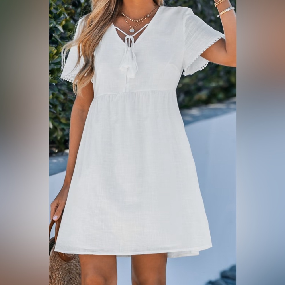 Cupshe women's white cotton mini dress tassel tie slimming effect v neckline #02